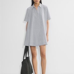 Aritzia Women's Short-Sleeve Striped Poplin Mini Dress in White and Grey